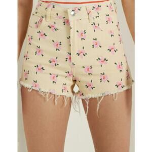 Tezenis High Rise Floral Print Raw Hem Jean Shorts Yellow Pink Size Medium